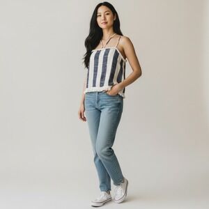 ILLA ILLA Navy Cream Striped Fringe Tassel Halter Camisole Top Large‎